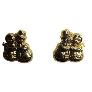 Vintage Snowman Couple Christmas Gold tone Metal Stud Earrings 1" NEW Deadstock